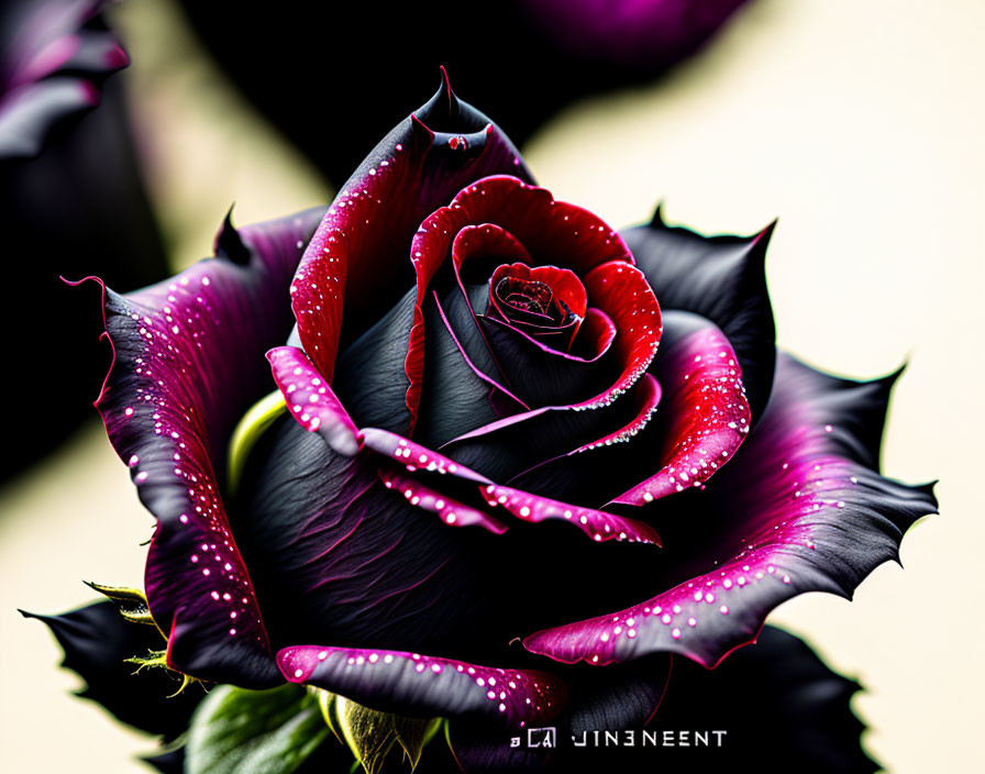 Digitally-altered rose with purple-red gradient and dew drops on blurred background