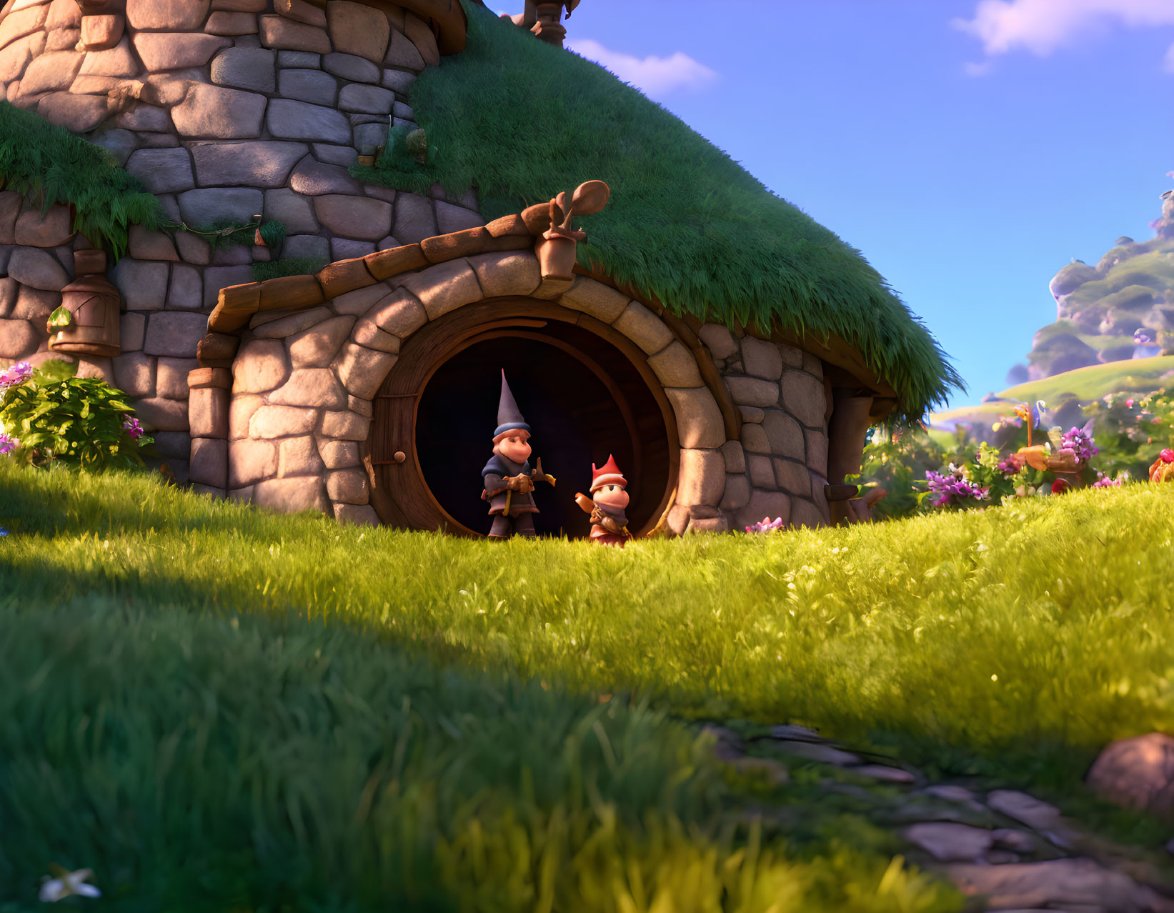 Animated gnomes outside quaint stone cottage with thatched roof