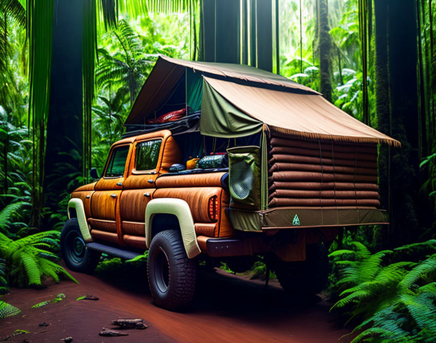 Brown Overland Truck with Rooftop Tent in Lush Green Forest