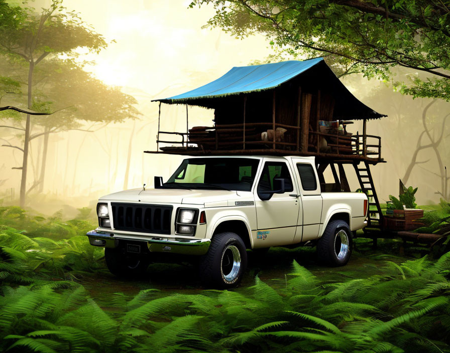 Pickup truck parked under treehouse in lush forest setting