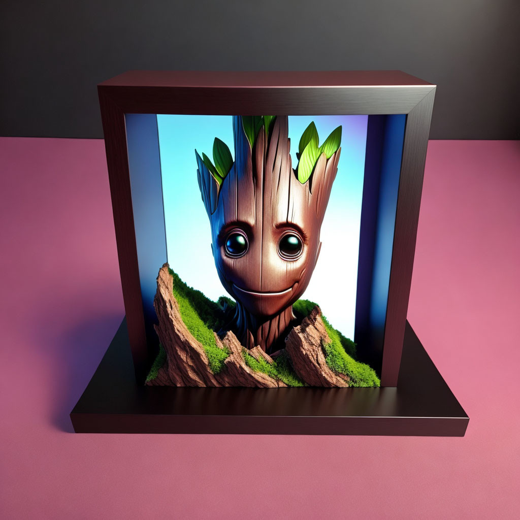 Smiling anthropomorphic tree character in 3D frame on shelf