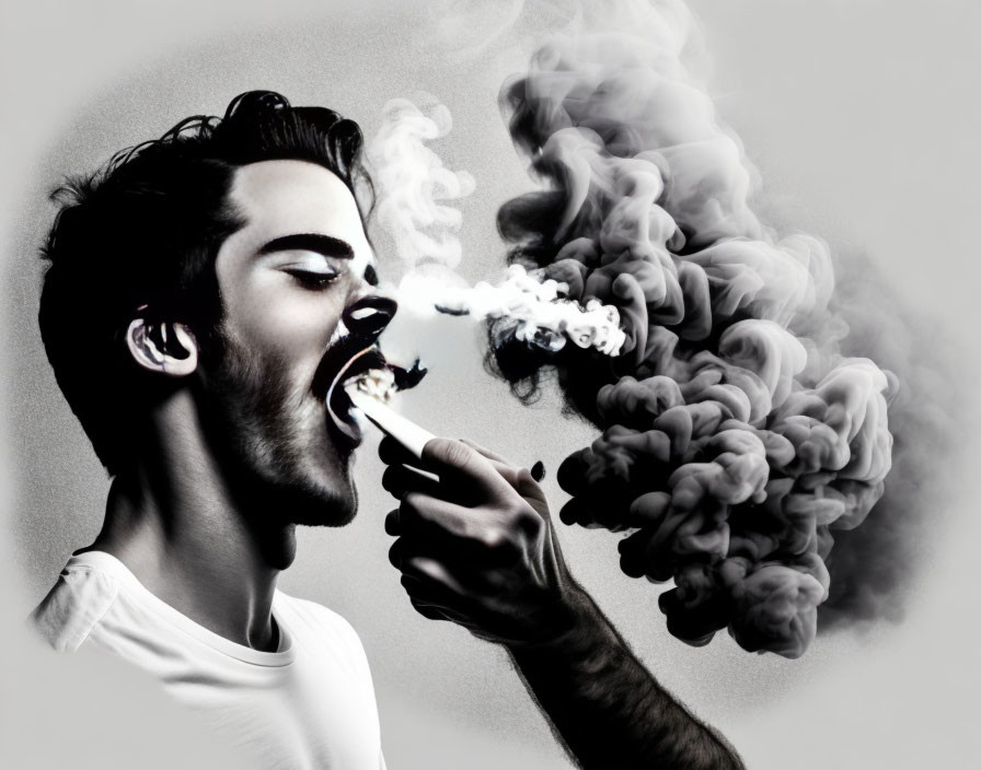 Monochromatic artwork of man exhaling smoke with open mouth