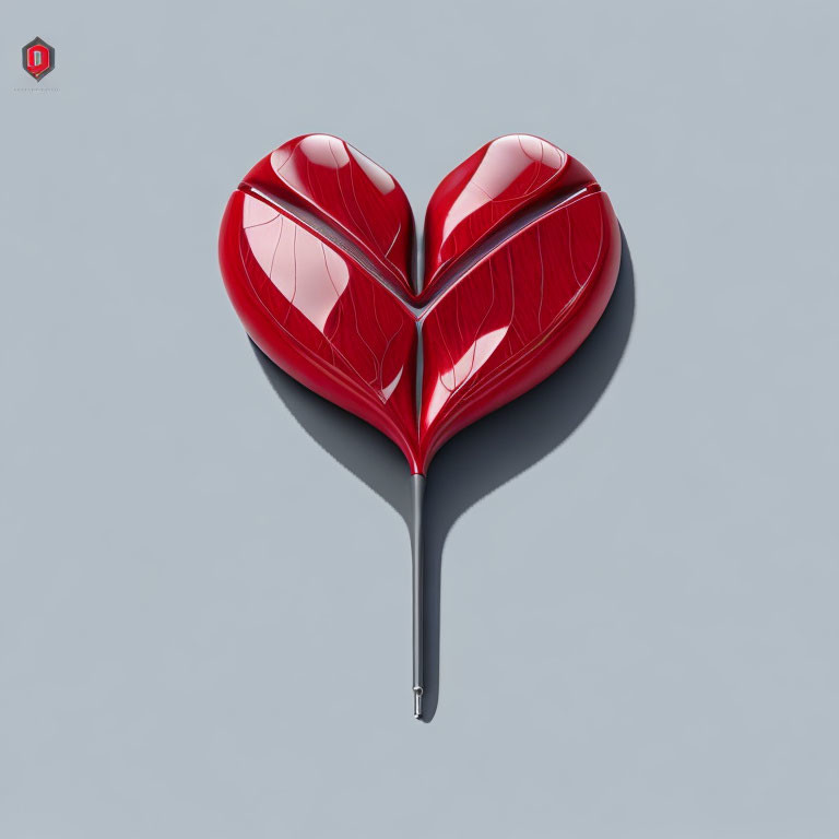 Red heart with leaf textures and metallic stem on grey background.