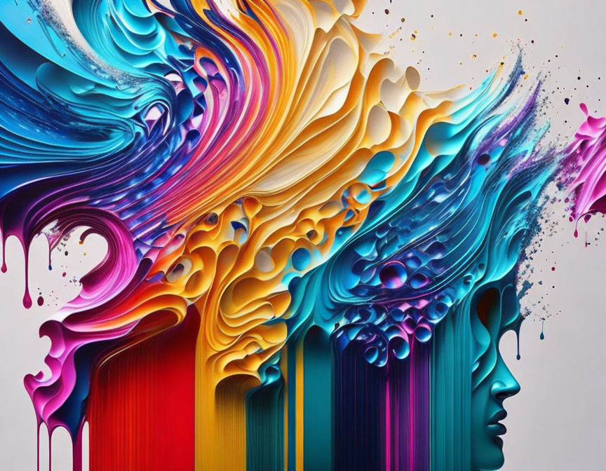 Colorful silhouetted profiles with flowing rainbow paint, symbolizing creativity.