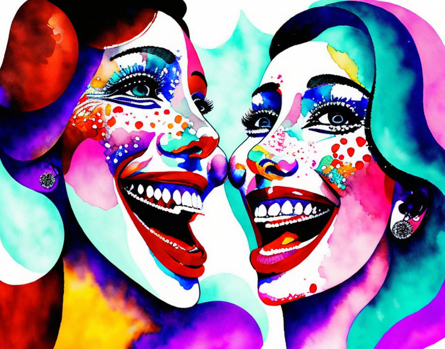 Vibrant watercolor painting of two laughing women with abstract patterns