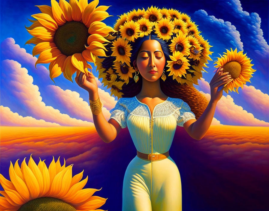 Stylized painting of woman with sunflower hair and vintage dress in surreal sunset scene