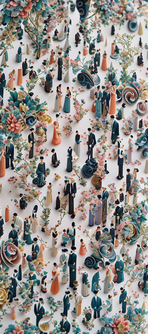 Intricate Miniature Figures in Vintage Attire Among Colorful Flowers