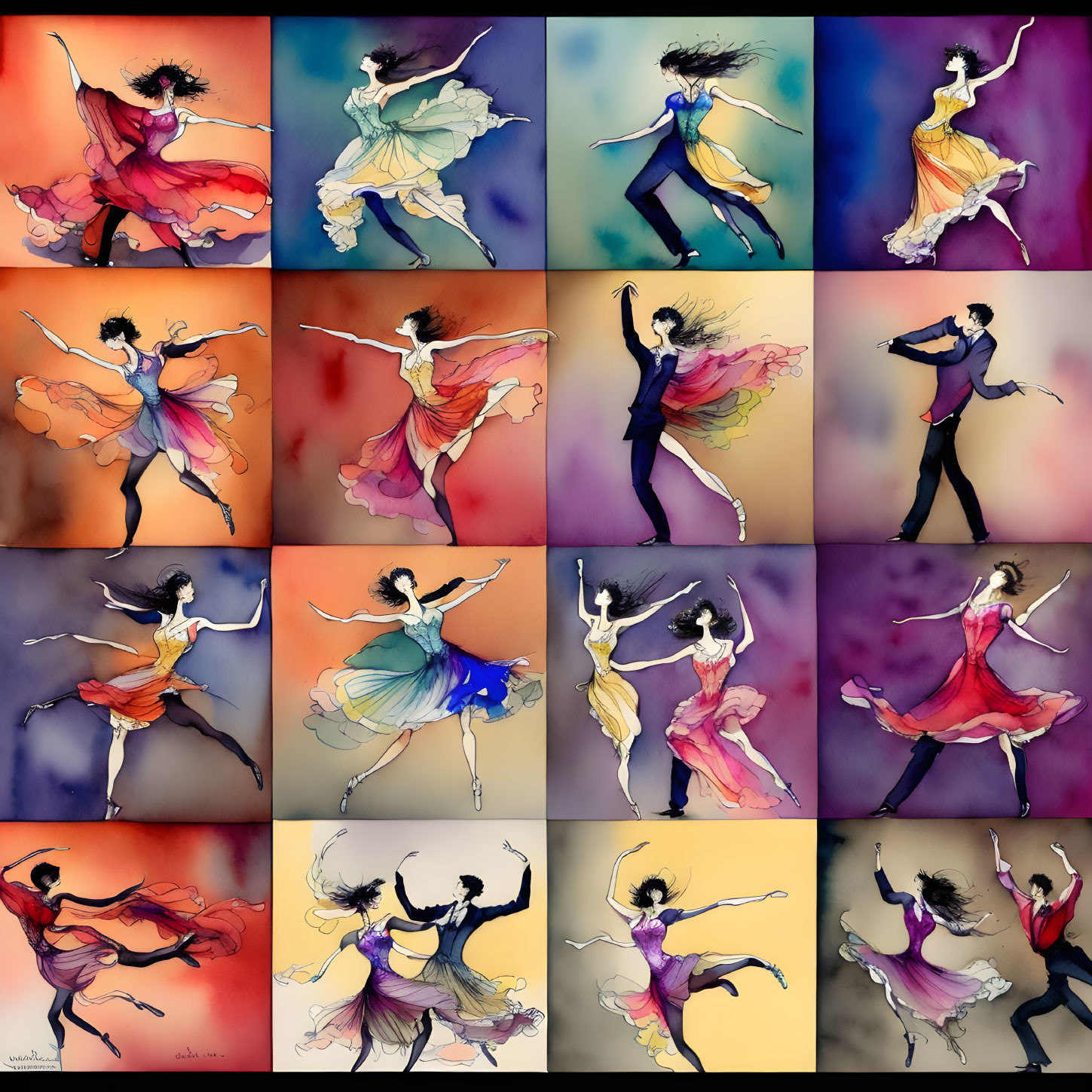 Colorful watercolor paintings of dancers in flowing dresses