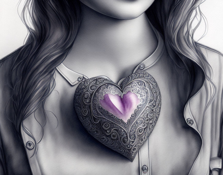 Detailed illustration of person with ornate heart-shaped locket and purple gem.