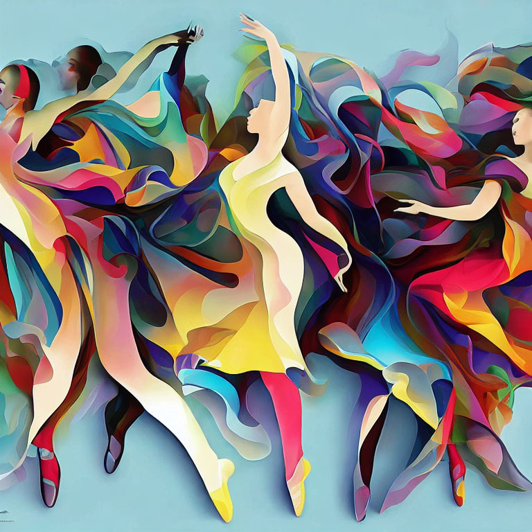 Vibrant abstract art: dancers with flowing dresses and dynamic poses merging into wave-like patterns