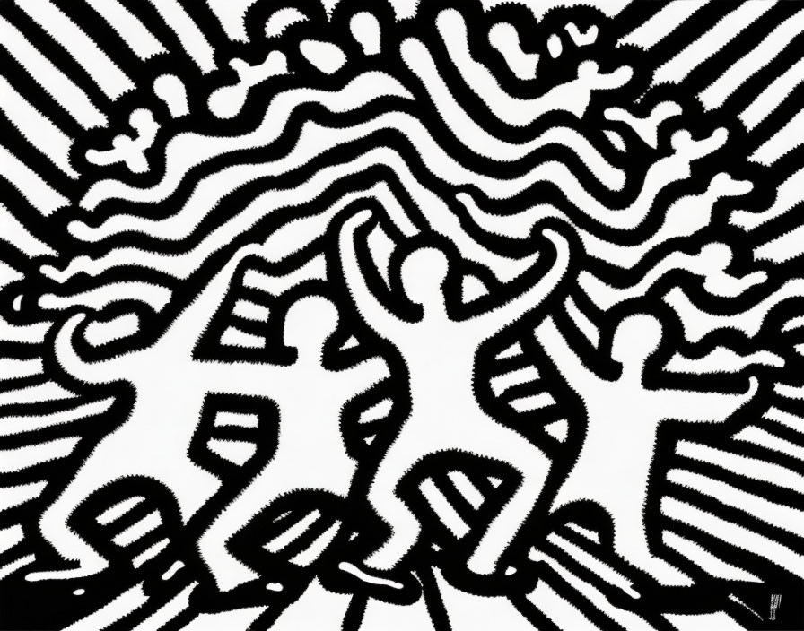 Monochromatic abstract line art with interconnected human figures