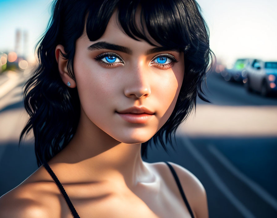 Woman with bright blue eyes and black hair in digital artwork