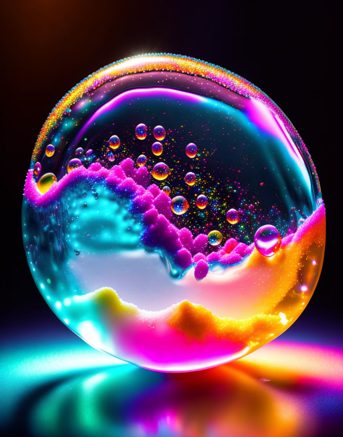 Colorful soap bubble with smaller bubbles on dark background