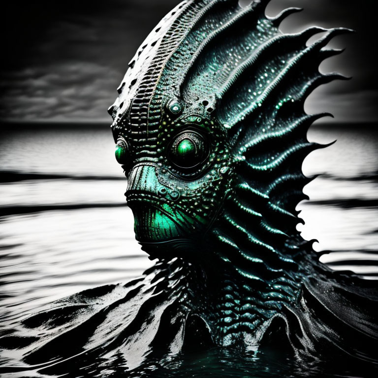 Detailed Digital Art: Green Scaly Creature Emerges from Dark Water