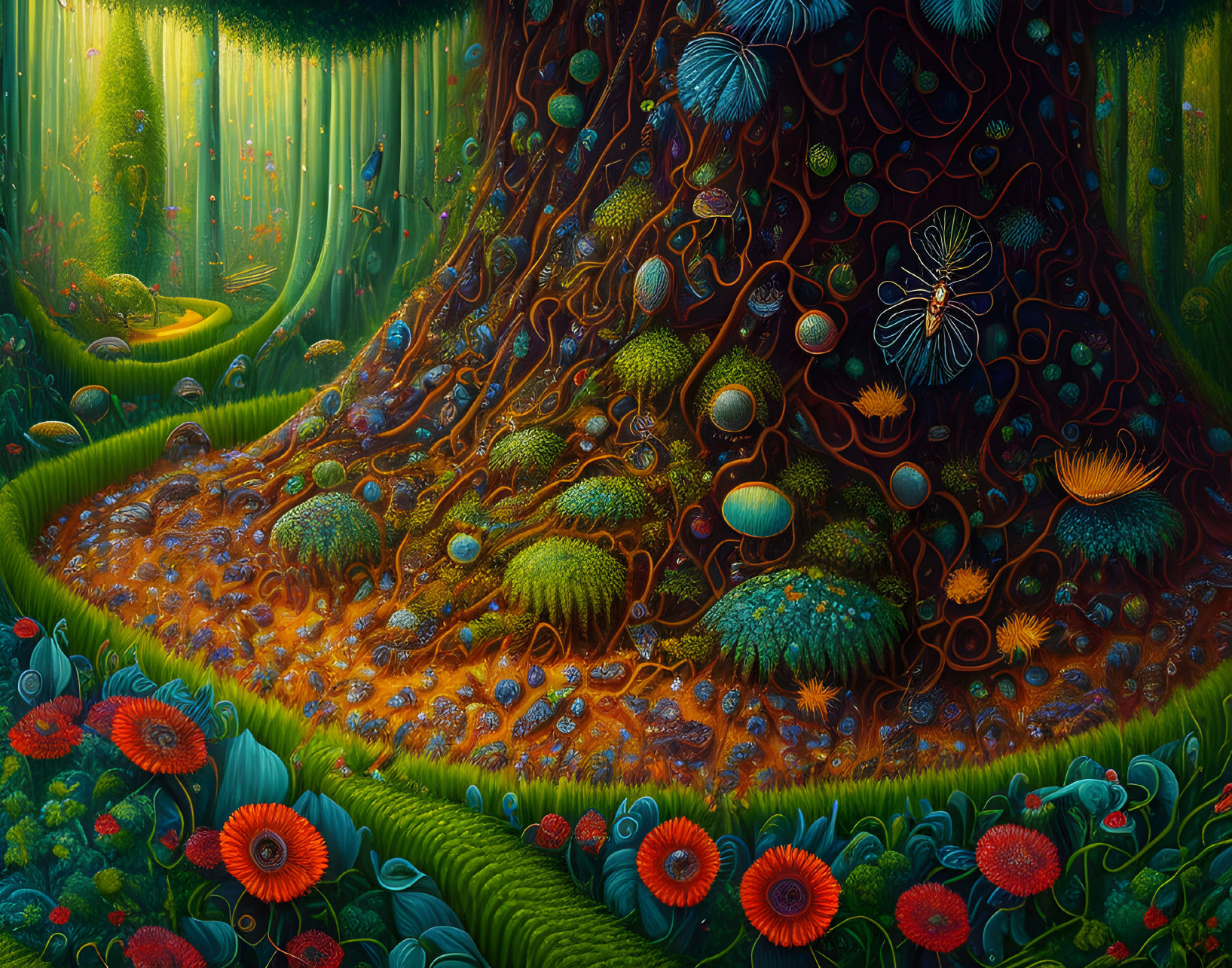 Fantastical forest with oversized flowers and whimsical trees