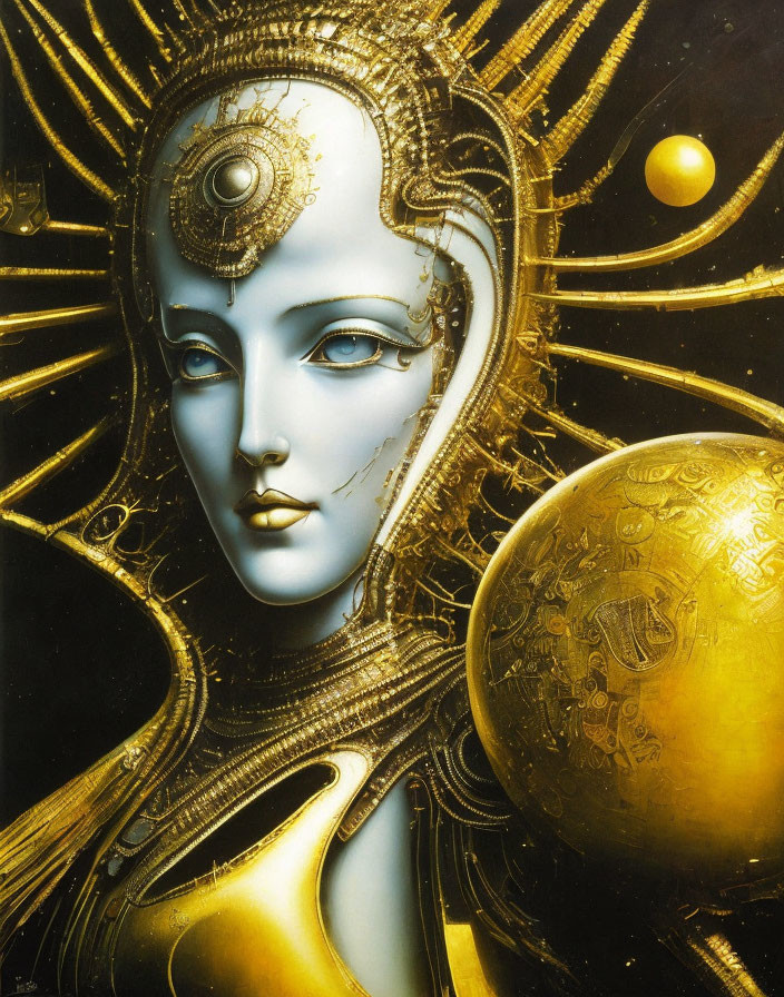 Golden headdress adorns serene humanoid figure with mechanical details and celestial backdrop.