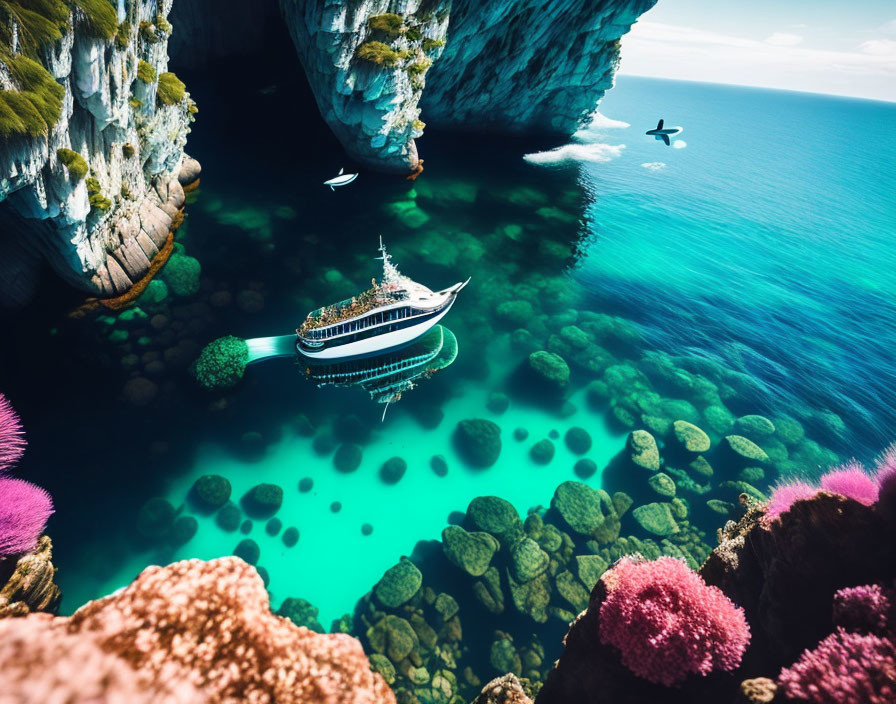 White Yacht on Turquoise Water Near Rocky Cliff with Marine Life & Coral Reefs