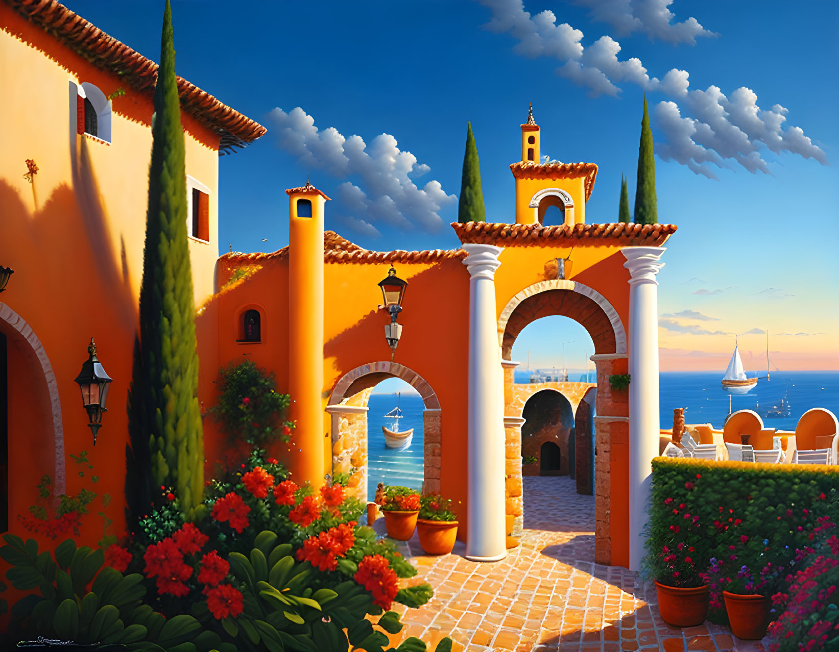 Vibrant Mediterranean seaside villa painting with archways, flowers, blue sky, and sailboat view