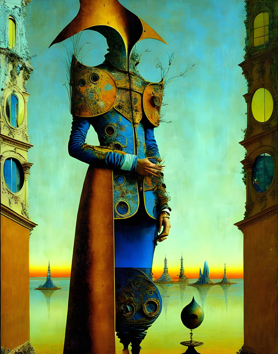 Surrealist humanoid figure with clock-towered head and body in serene seascape