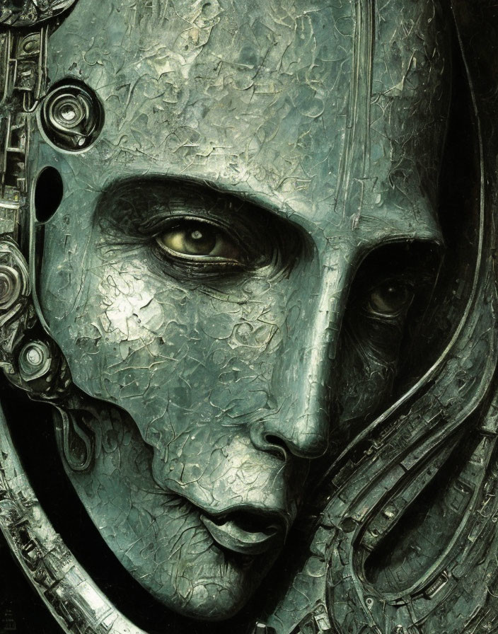 Detailed artwork: Humanoid face with mechanical features and textured metal surfaces.