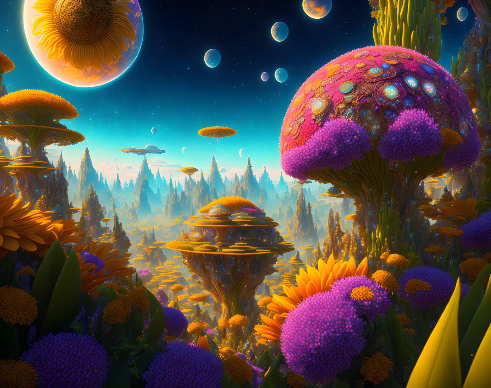 Colorful alien landscape with giant mushrooms, exotic plants, floating islands, and multiple moons