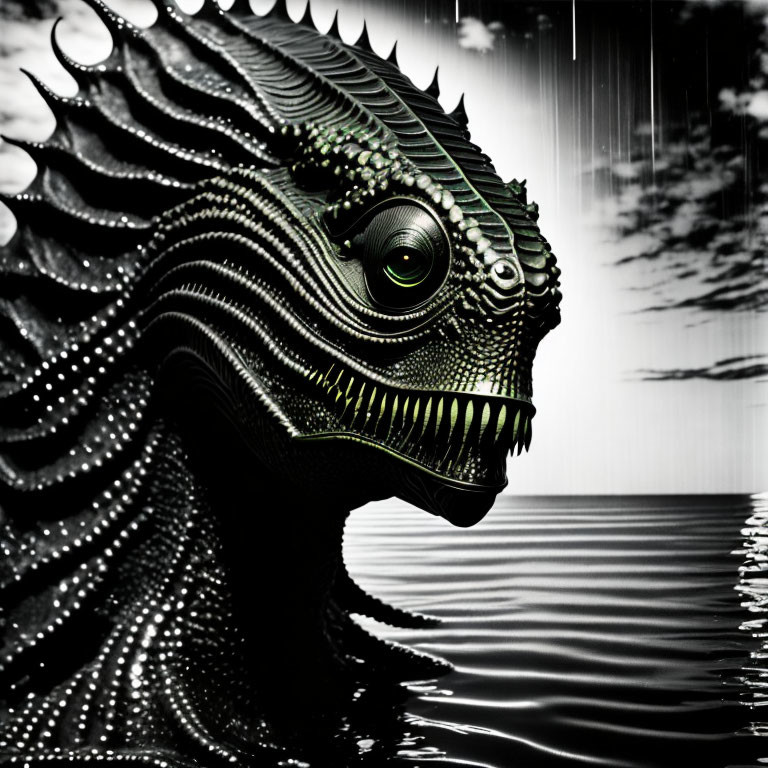 Digital artwork: Reptilian creature emerging from water