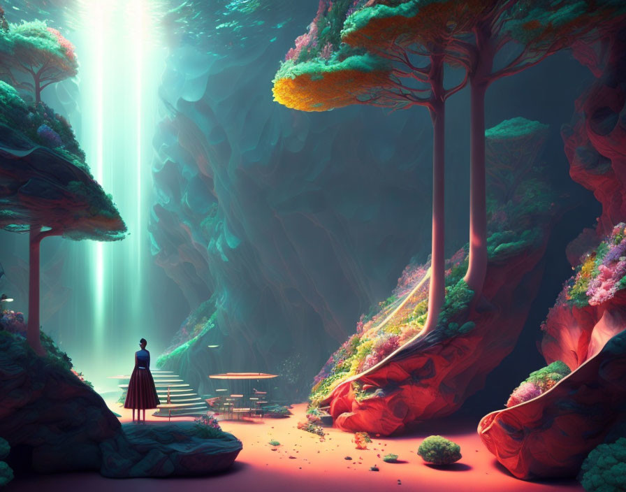 Fantastical forest scene with oversized trees and radiant light