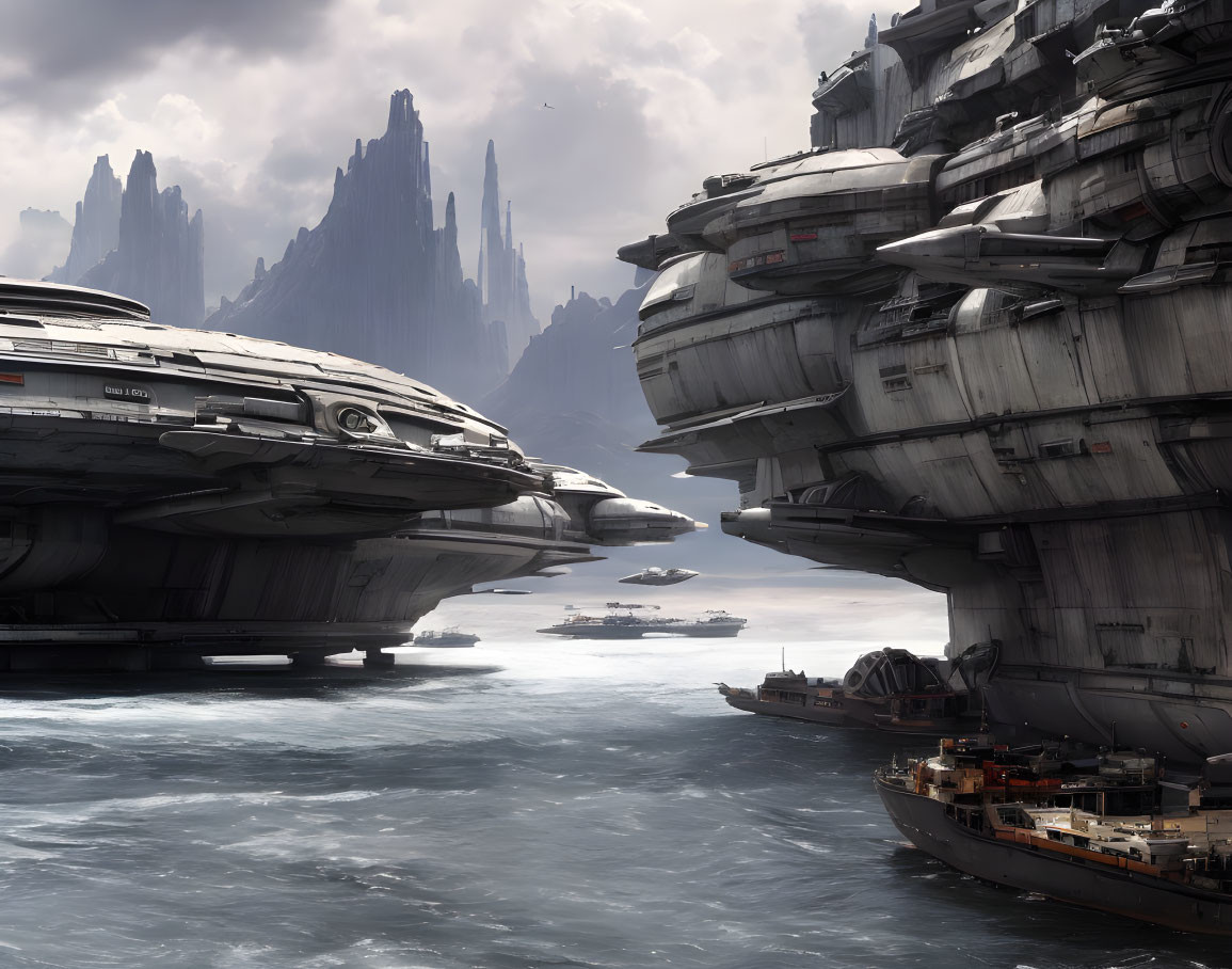 Colossal starships in futuristic harbor with churning seas