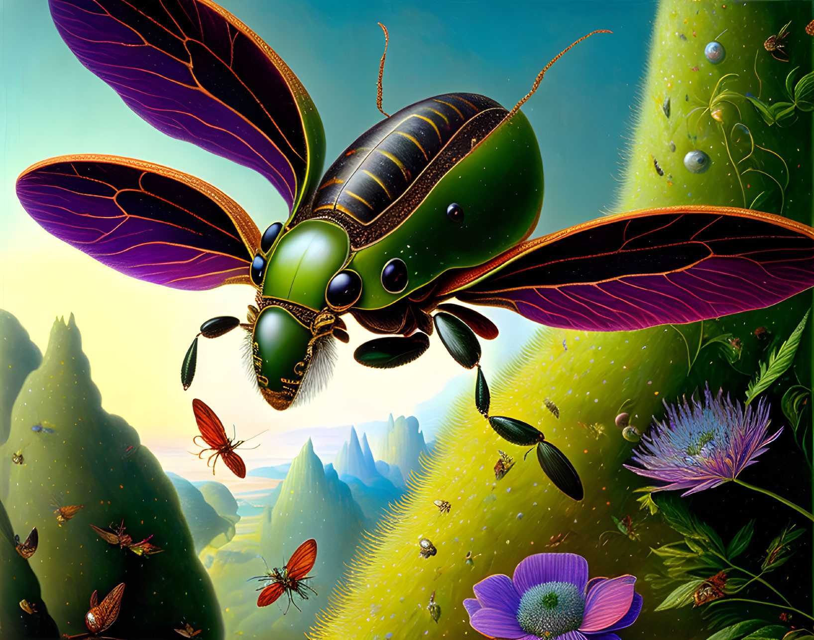 Colorful oversized bee flying over exotic landscape with iridescent wings