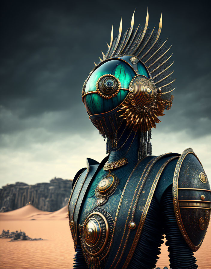 Stylized robotic figure with ornate headpiece in desert backdrop