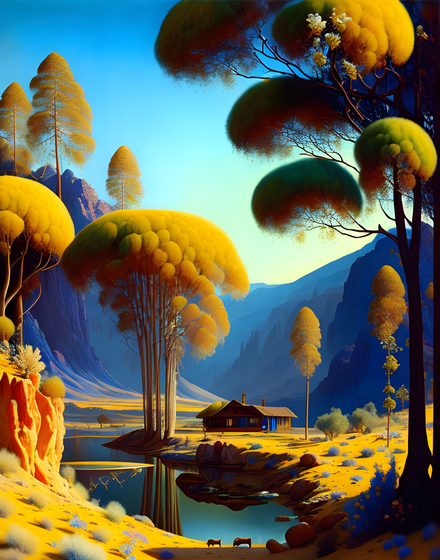 Fantastical landscape with serene lake, yellow foliage, cabin, and towering cliffs