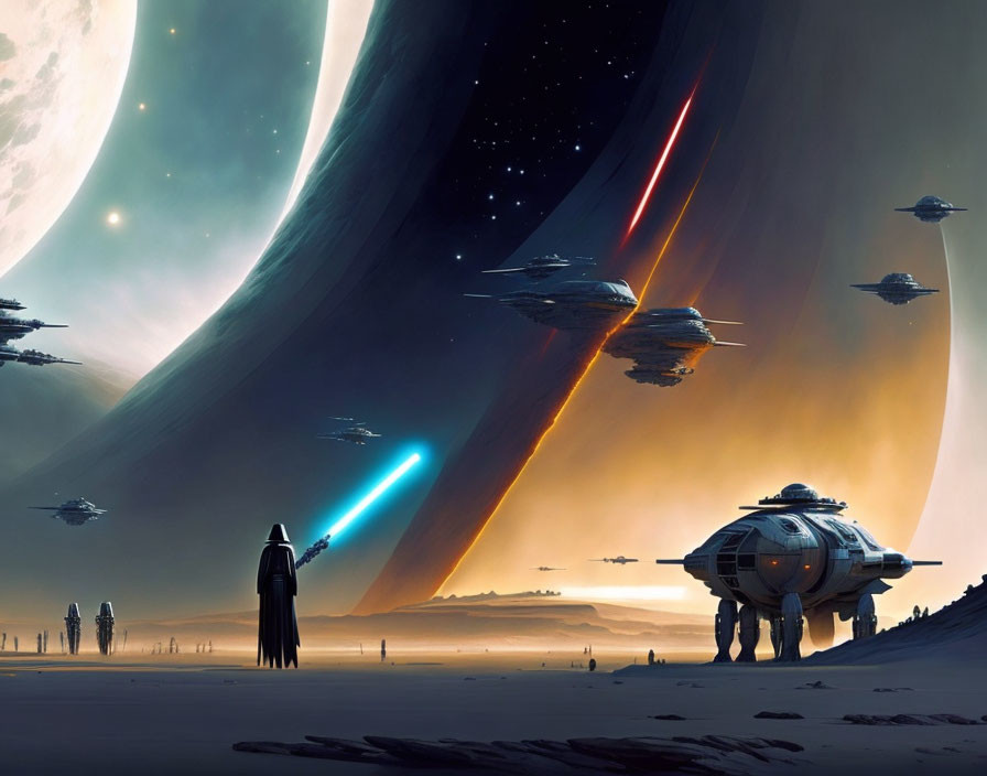 Sci-fi landscape with Star Wars-like figures, spaceships, and celestial bodies