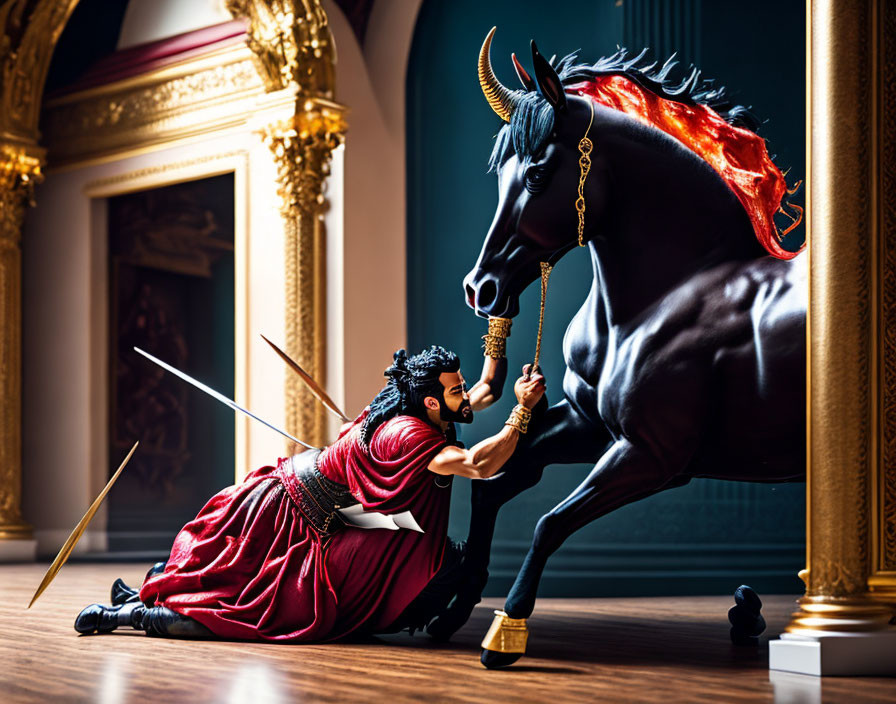 Person in red toga tames black winged horse in opulent room