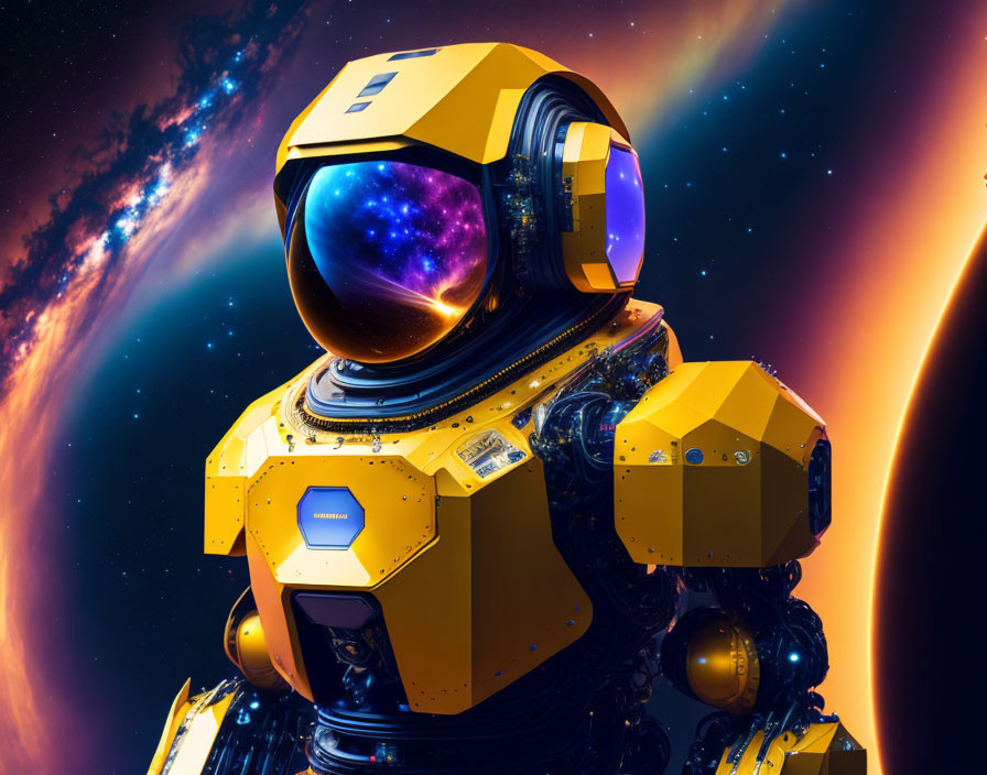 Yellow Futuristic Robot with Galaxy Visor and Cosmic Background