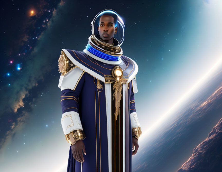 Futuristic space suit against Earth's horizon and stars