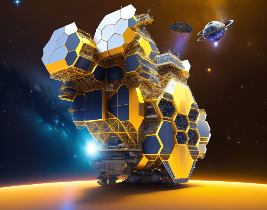 Futuristic honeycomb space station above orange planet with solar panels
