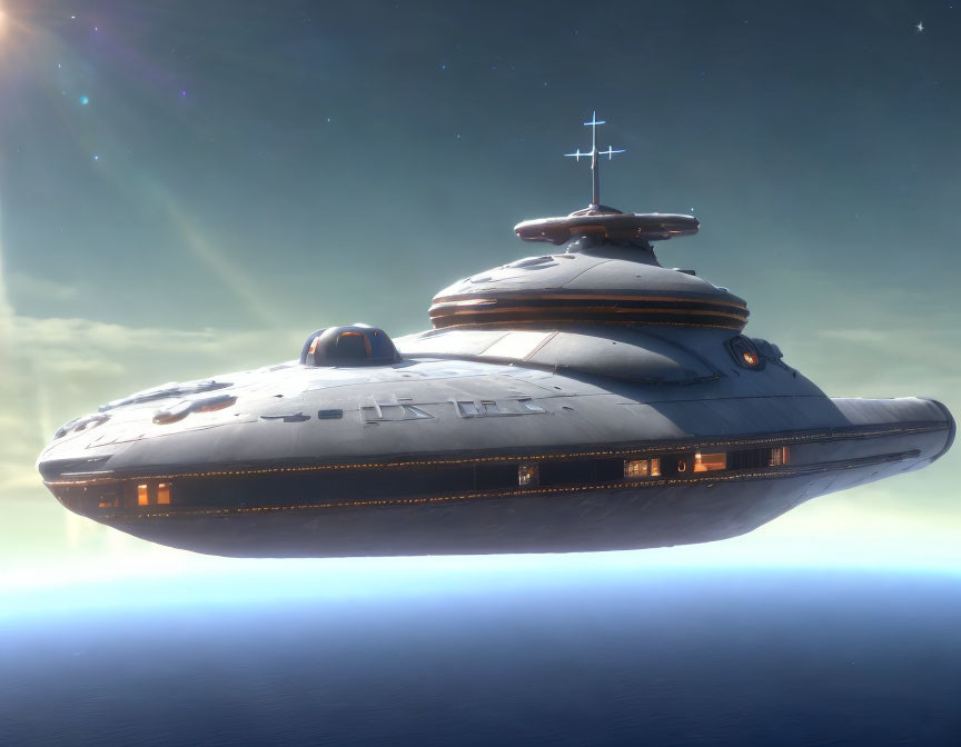 Futuristic spaceship with dome-shaped top hovering above planet surface