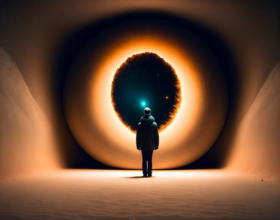 Person in sandy tunnel gazes at glowing orb with ring in starry sky