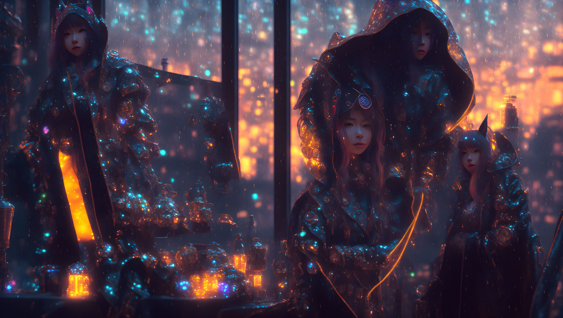 Two figures in reflective cloaks amidst glowing bottles under neon-lit starry rain