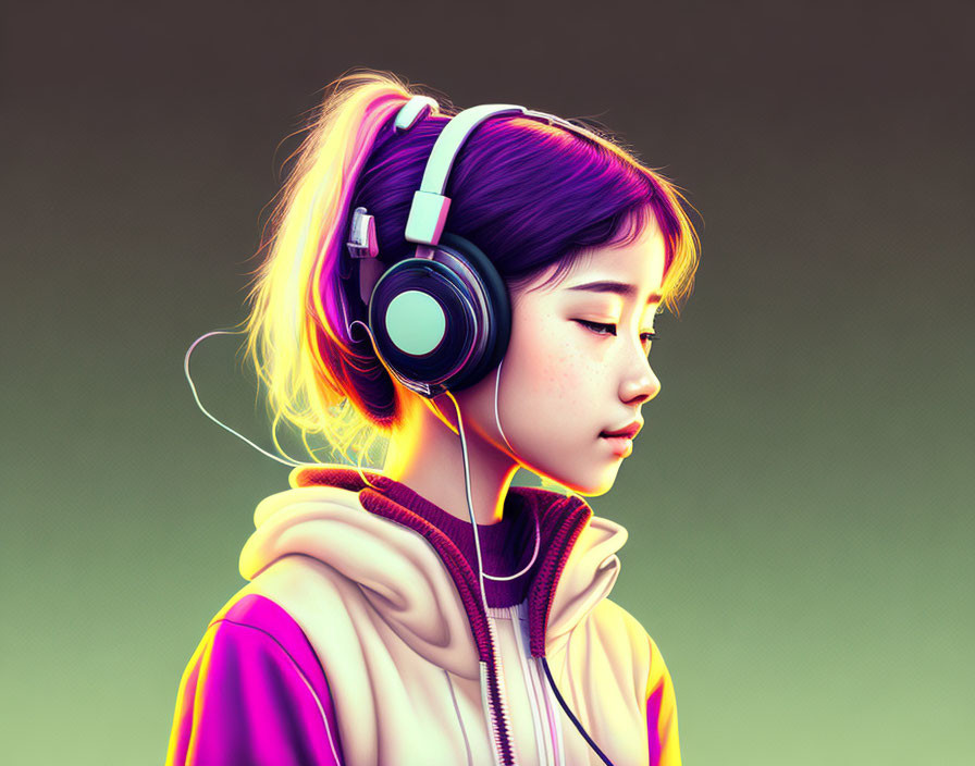 Digital illustration of girl with purple hair in profile view wearing headphones and colorful hoodie