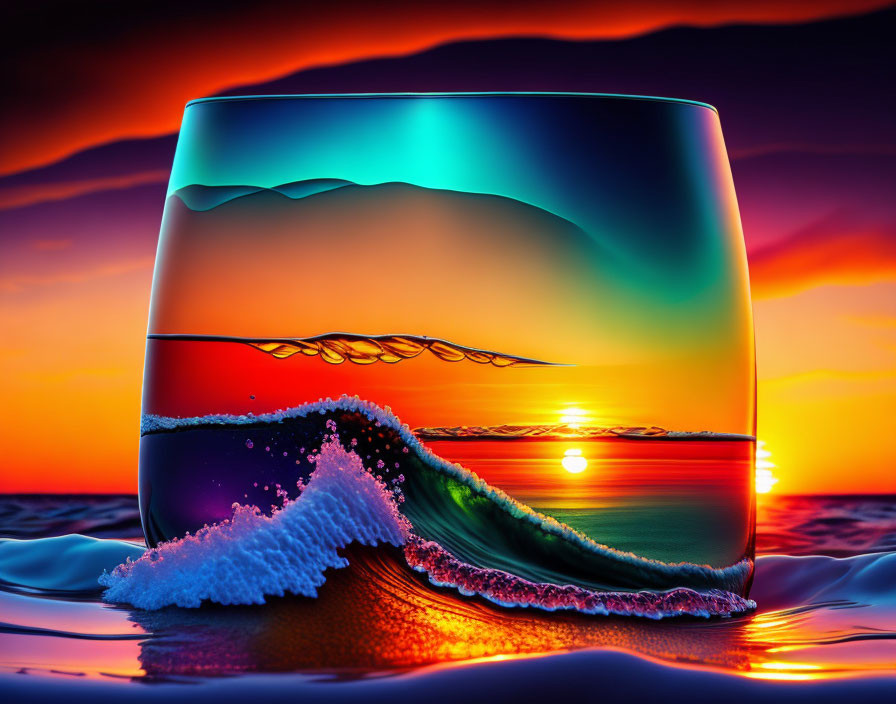 Vibrant glass art: sunset over ocean with crashing wave on gradient sky