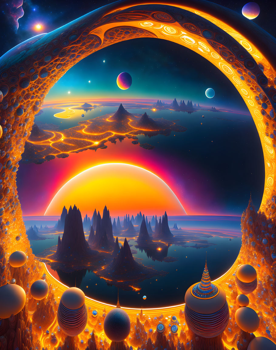 Colorful cosmic landscape with arched structure and floating spheres