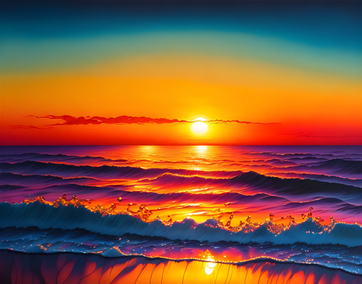 Colorful Sunset Over Ocean Horizon: Vibrant Orange, Red, and Blue Hues