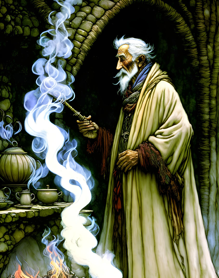 Elderly wizard with white beard near cauldron and wand emitting blue smoke