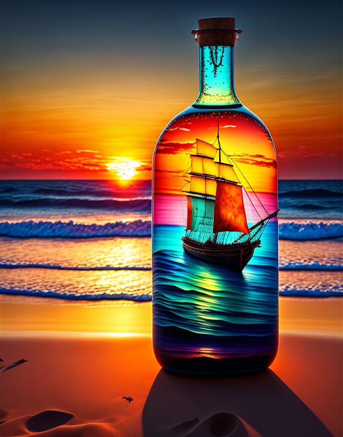 Colorful Ship in Bottle on Beach Sunset Background