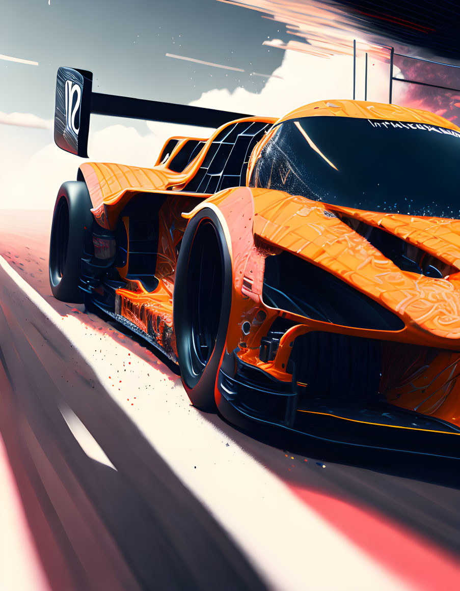 Orange race car with rear wing speeds on racetrack.