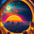 Colorful cosmic landscape with arched structure and floating spheres