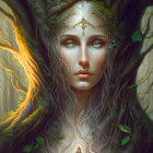 Ethereal face merges with tree in glowing detail