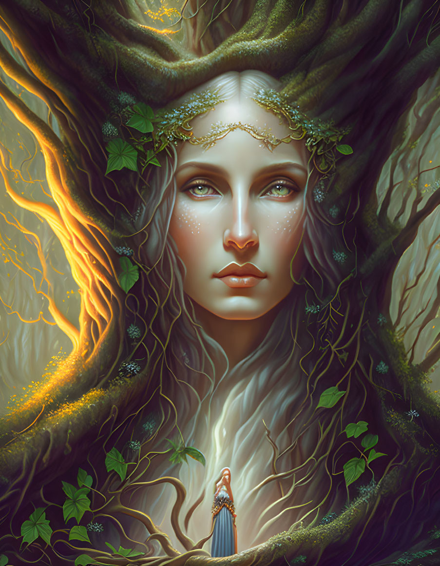 Ethereal face merges with tree in glowing detail