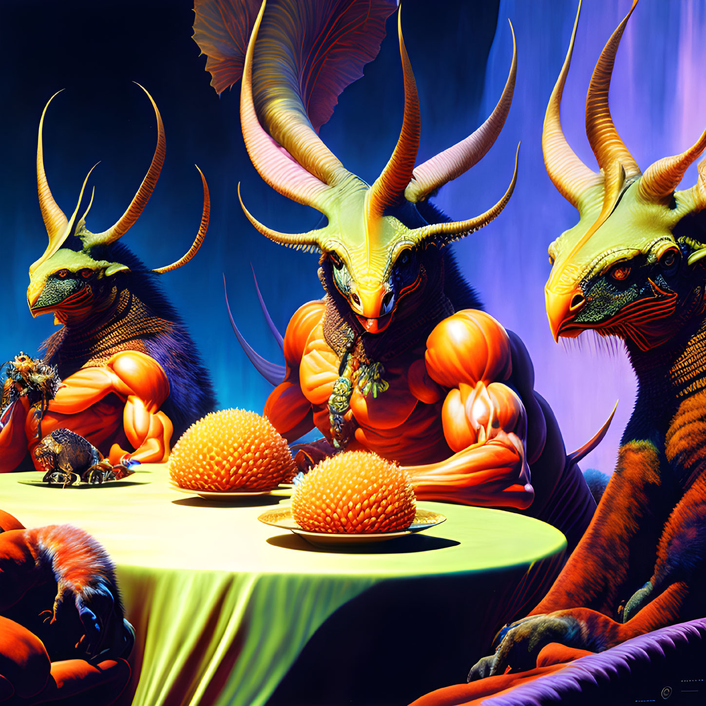 Colorful dragon creatures with exotic fruits around a table under blue light